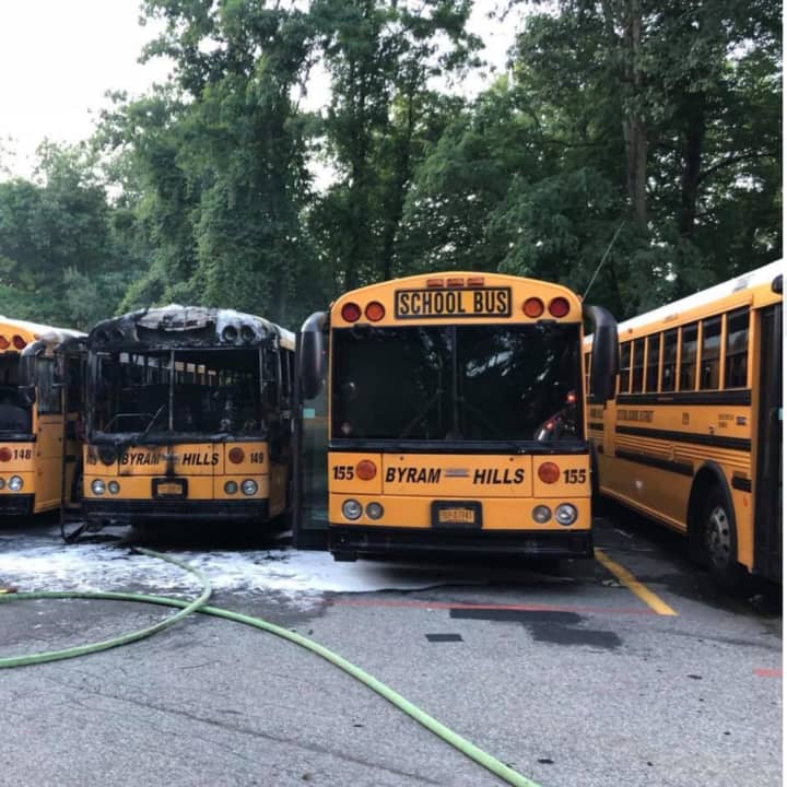 Three school buses caught fire in Armonk on Saturday.