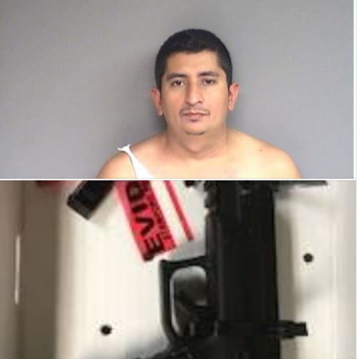 Edgar Sanabria-Arevalo and the facsimile firearm police say was recovered at the scene.