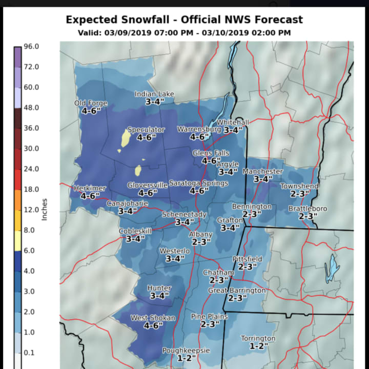 A look at projected snowfall totals for the storm Saturday, March 9 into Sunday, March 10.