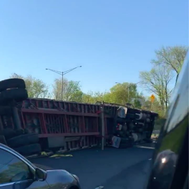 A tractor-trailer overturned off Route 80 in Paterson Tuesday morning.