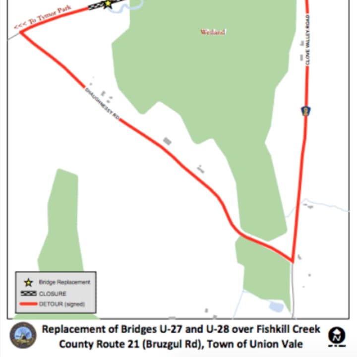 Closure and detour map of Union Vale bridge replacement project