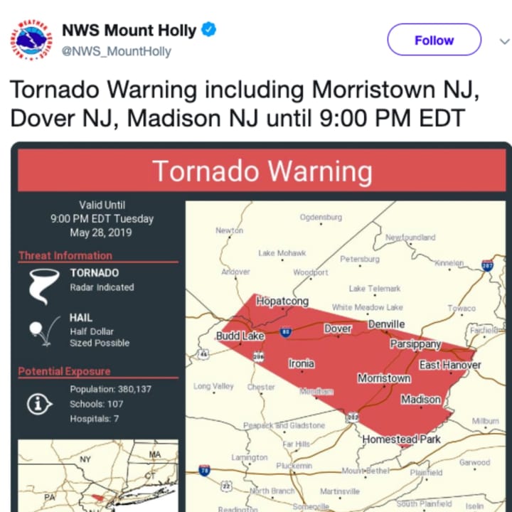 Tornado warning issued in Morris County.