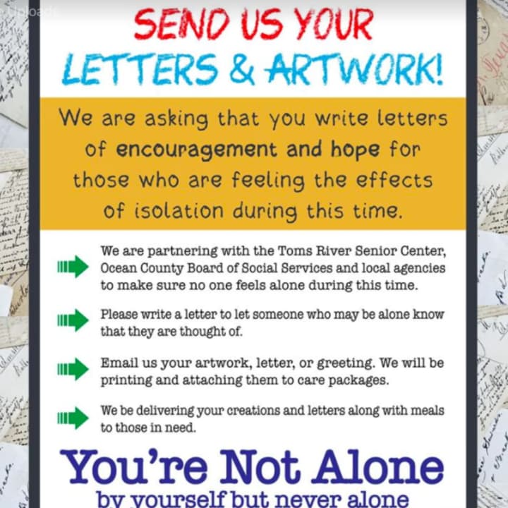 Toms River police are collecting artwork and letters to be shared with neighbors who are alone or isolated due to the coronavirus outbreak.