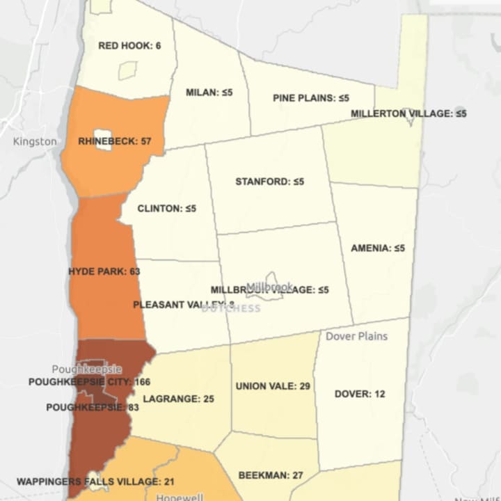 The Dutchess County COVID-19 map on Monday, June 8 (darker colors represent the highest cluster of cases).