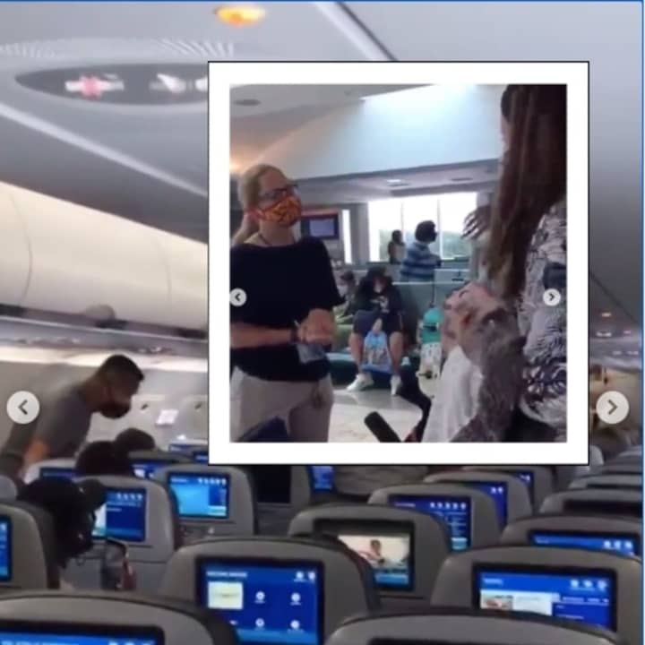 Chaya Bruck argues with a JetBlue official (inset) after she and her fellow passengers were ousted from their Newark-bound plane Wednesday.