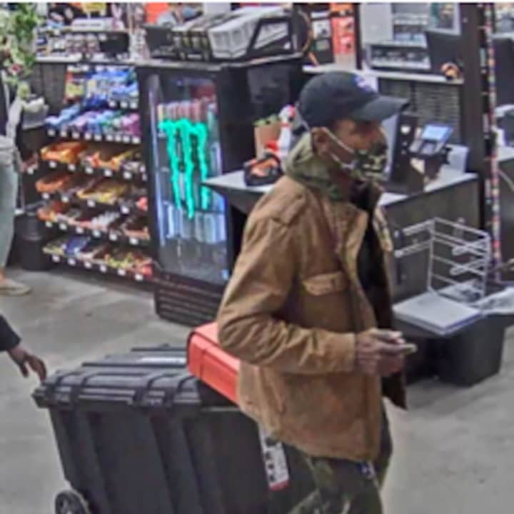 A photo of the man, who is wanted after filling a storage bin with DeWalt tools and attacked a store employee with pepper spray before leaving a Home Depot location without paying.