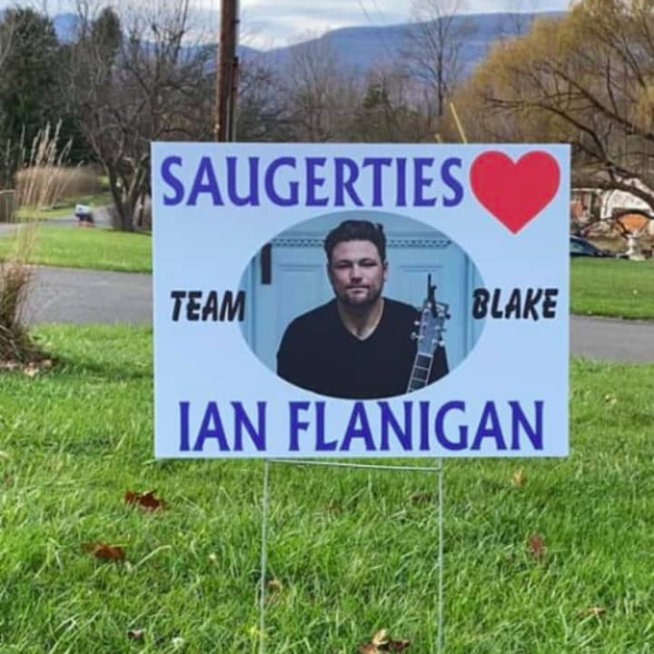 One of many yard signs posted in Saugerties in support of Flanigan&#x27;s run on The Voice.