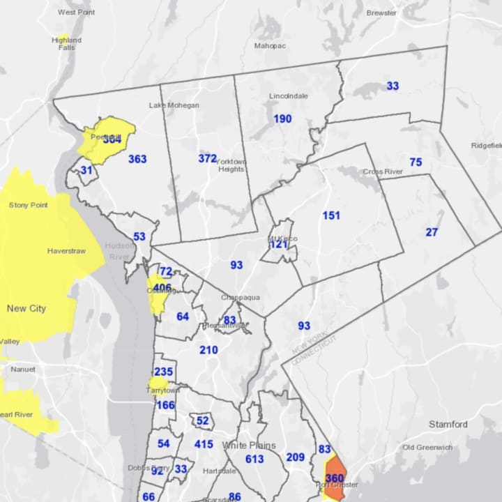 The latest Westchester County&#x27;s Department of Health&#x27;s COVID-19 map on Wednesday, Jan. 27 - the yellow and orange hotspot zones have since been rescinded by the state.