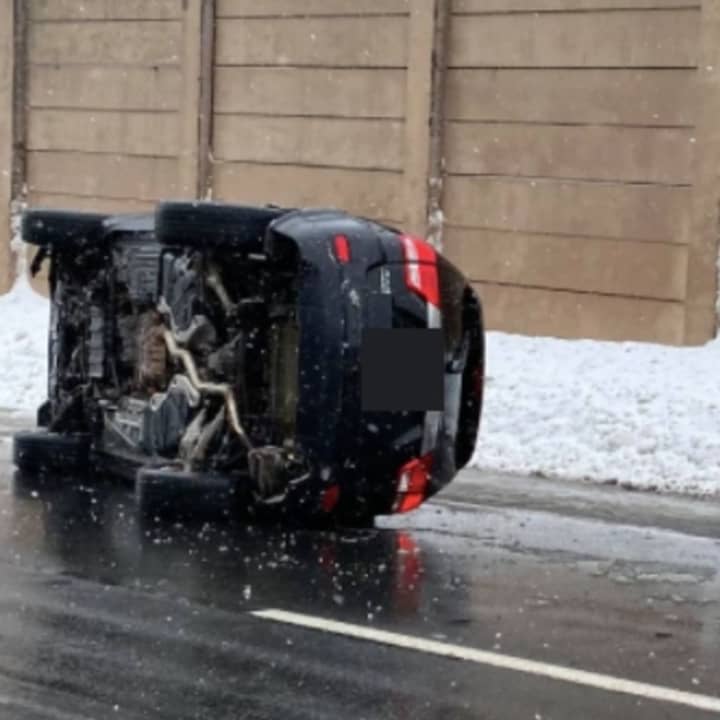 A car overturned on Route 80 Friday morning in Morris County.