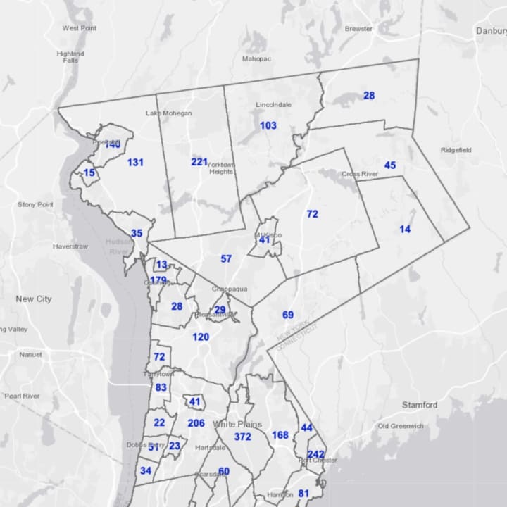 Westchester County COVID-19 map on Monday, Feb. 22.