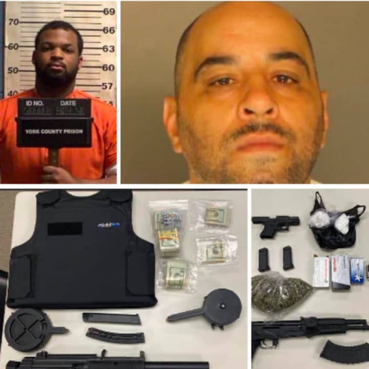 Derren Williams and Victor Cruz were arrested after authorities raided their apartments and found a ghost gun, firearms, drugs and cash, the York County DA said.