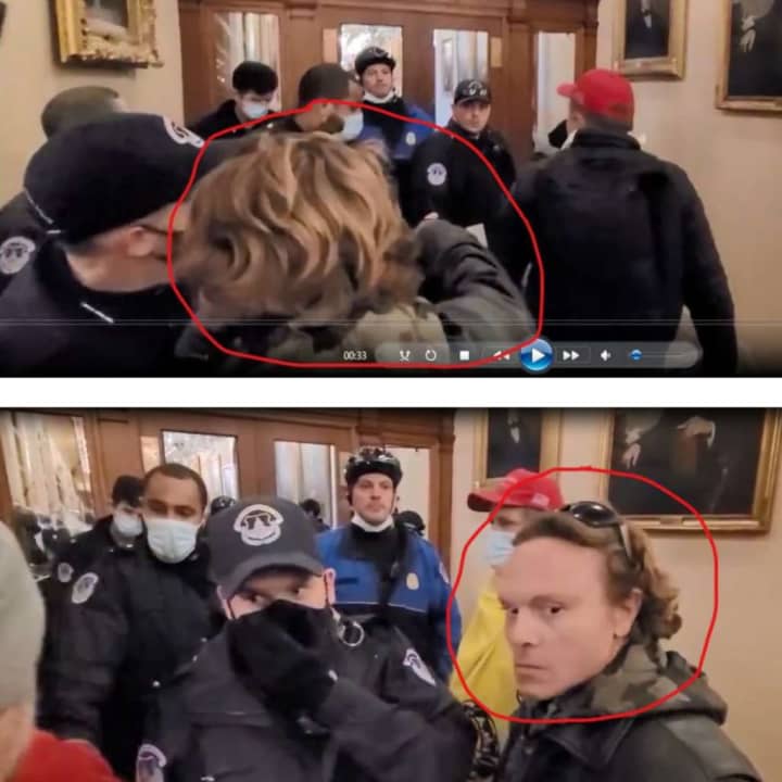 Bingham, circled in red, was identified by Army members after he was caught in several videos yelling at a group of law enforcement officers in the Capitol building.