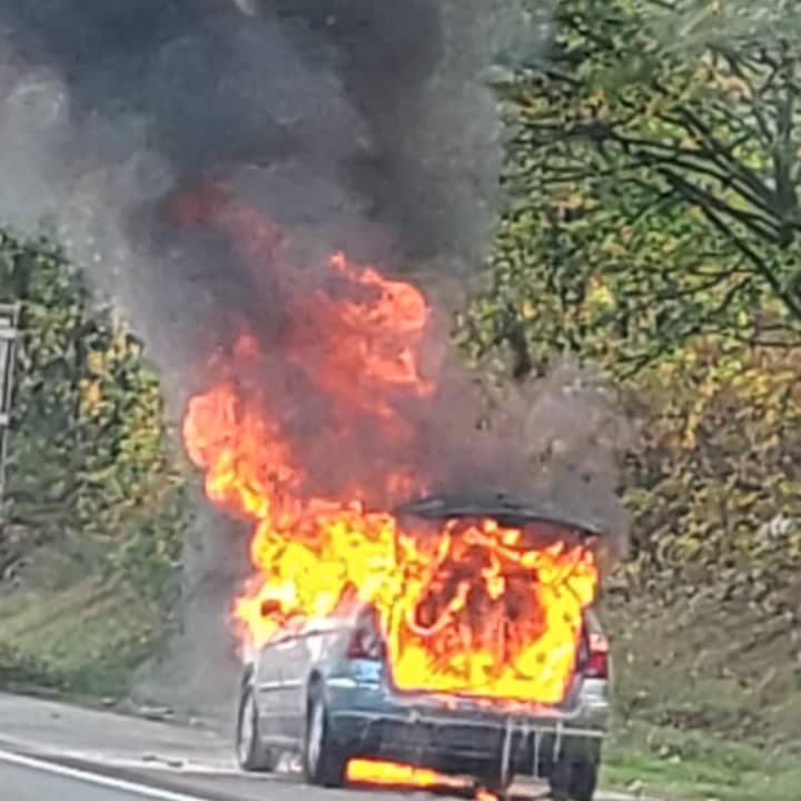 Fire crews rushed to the scene of a fully-involved car blaze on Route 78 in Hunterdon County Monday afternoon.