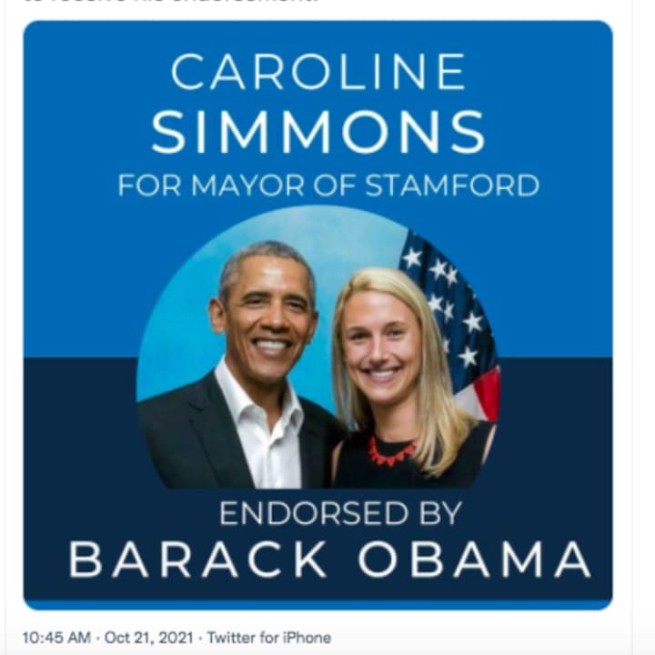 Caroline Simmons posted this tweet on Thursday, Oct. 21, announcing he&#x27;s been officially endorsed by former President Barack Obama.