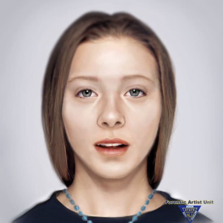 A sketch of a woman struck by a train whose remains were found in Monmouth County.