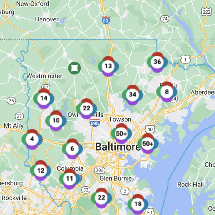 The Baltimore Gas and Electric outage map on Friday, Aug. 5.