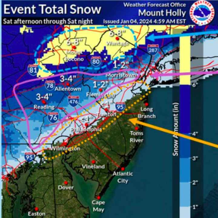 New forecast maps in this weekend's storm show up to seven inches of snow are expected in some parts of New Jersey and Pennsylvania.
  
