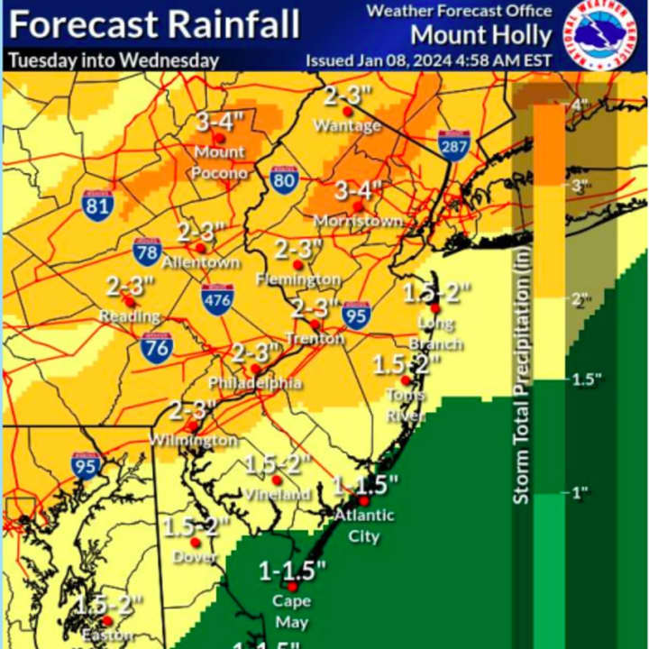 Here's a forecast map of the rainfall across NJ and PA for Tuesday, Jan. 9 into Wednesday, Jan. 10.