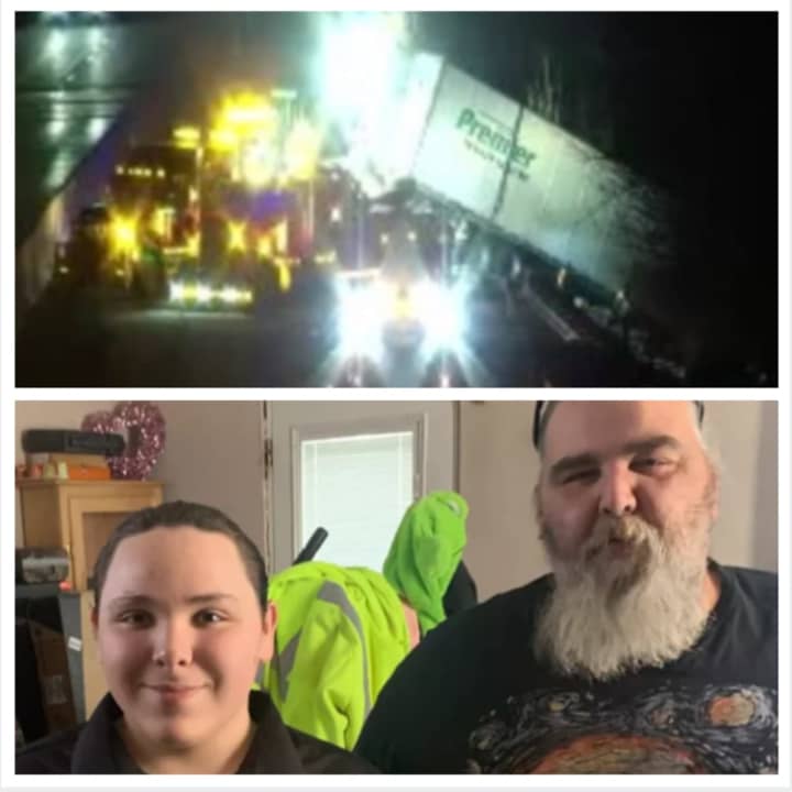 The scene of the deadly crash on Interstate 83 (top) and Greg (right) with his son William Stupar (left) (bottom).