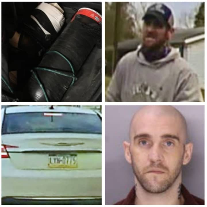 Jedediah Rawlings, the vehicle he fleed in, and the pipe bombs found in his home in 2017.