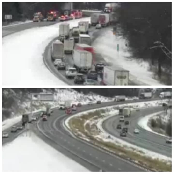 The scene of the crash (top) and the diverted traffic near the rollover crash on Interstate 81 (bottom).&nbsp;
