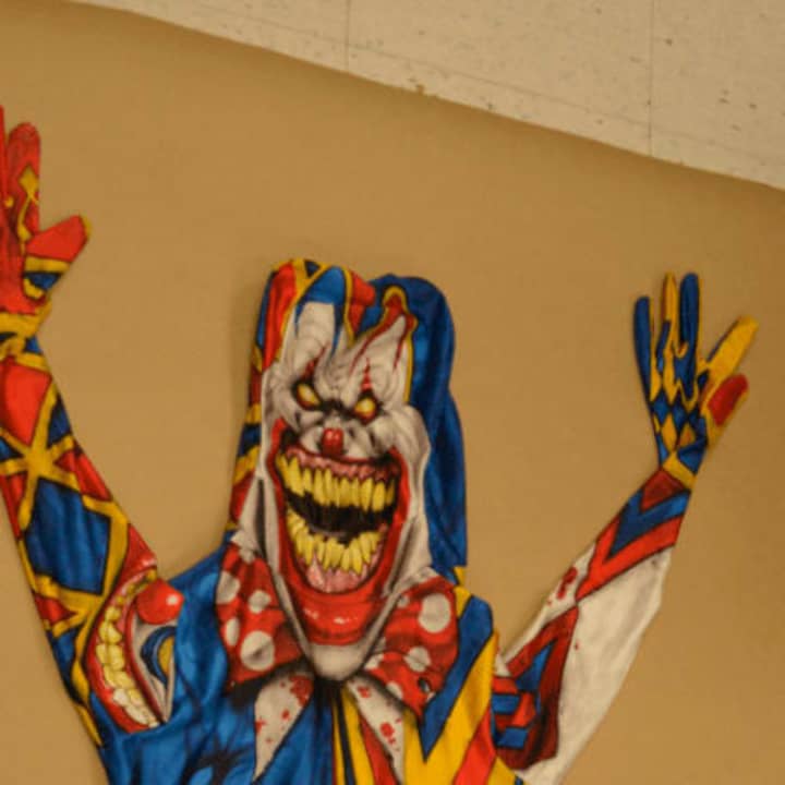 The clown costume worn by one of the suspects arrested taking photos outside a Yonkers high school.