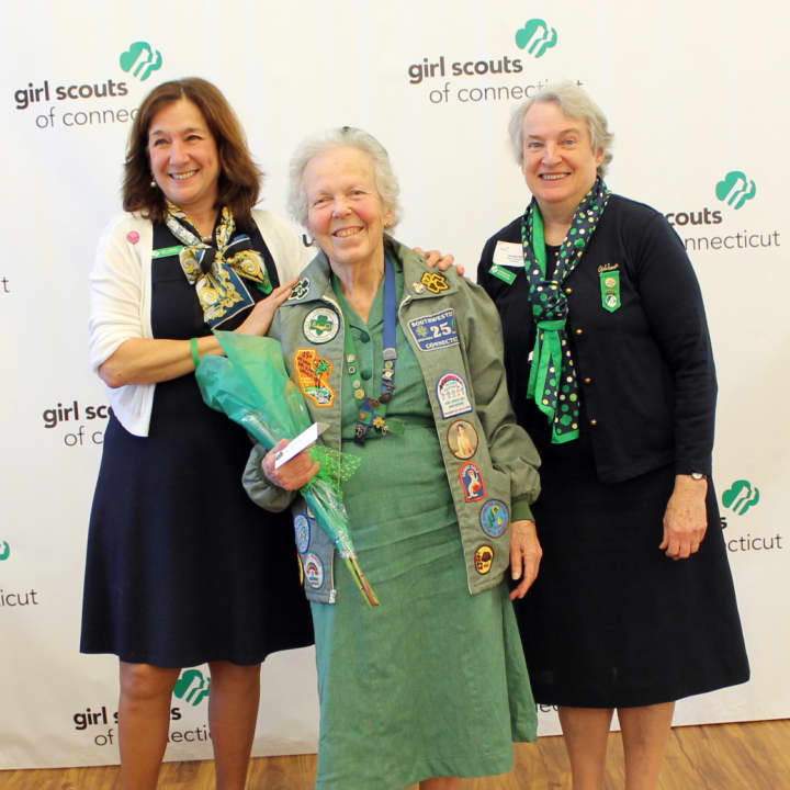 From left, Girl Scouts of Connecticut’s Chief Executive Officer Mary Barneby, Courtenay Austin of Norwalk and former GSOFCT Board President Caroline Sloat.