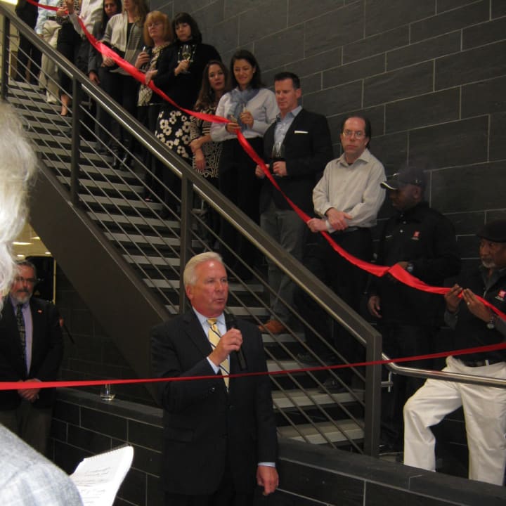 Pleasantville Chamber of Commerce President Bill Flooks speaks at ceremony. 