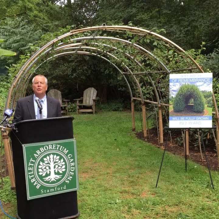 Bartlett Tree Experts Vice President David McMaster stands in front of a new arch that has trees taken from seeds of a tree that survived the Twin Tower terrorist attacks.