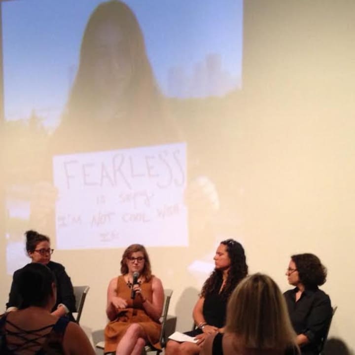 Jessica Buchanan, (center) Outreach &amp; Prevention Coordinator with The Center, speaks at The Fearless Conference. Pictured from left to right: Ilena Jimenez, Buchanan, Sarah Merriman and Jean Bucaria.