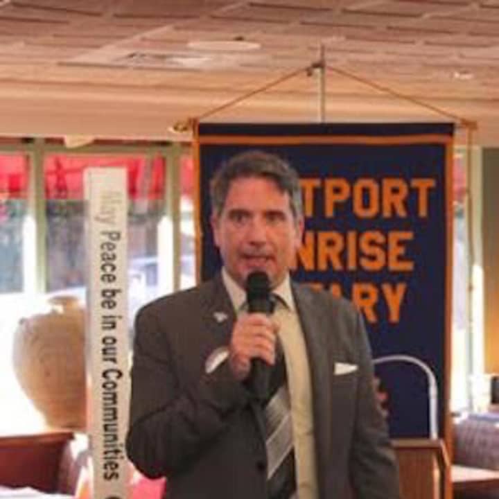 Bill Harmer, the new executive director of the Westport Library talks to the Westport Sunrise Rotary last Friday.