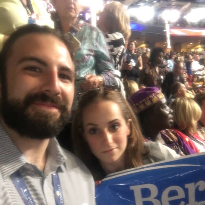 Connecticut delegates Chris Yerinides and Nina Sherwood pose for a photo at the Democratic National Convention in Philadelphia Tuesday.