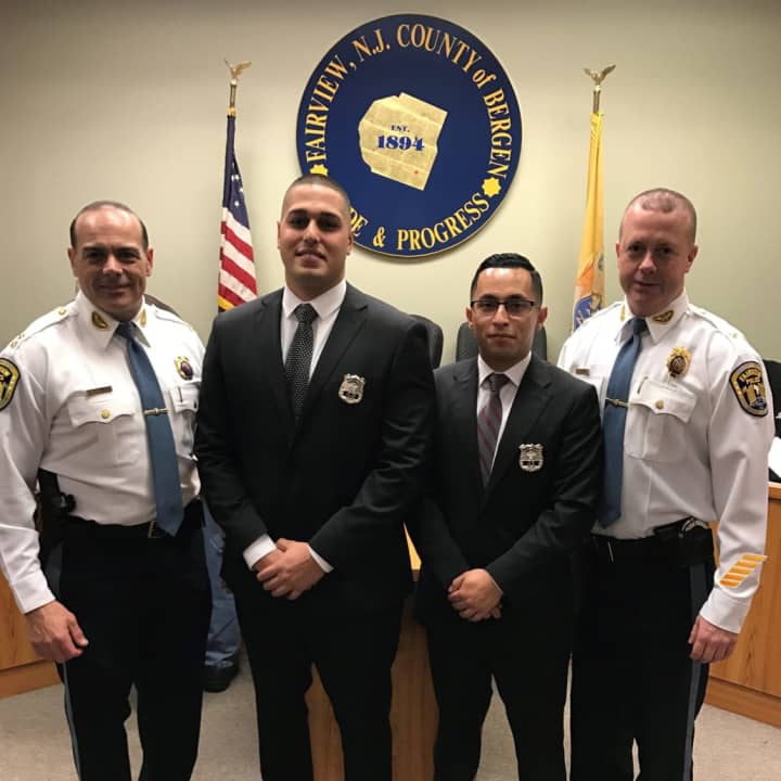 New Fairview Police Officers Tommy Makdis and Diego Porras with Police Chief Martin Kahn (left) and Deputy Chief David Brennan.