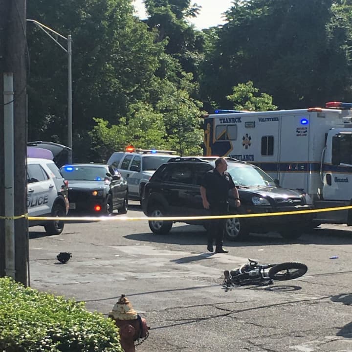 The scene outside FDU at River Road and Cornwall Avenue in Teaneck shortly after the SUV struck the bicyclist on Tuesday.