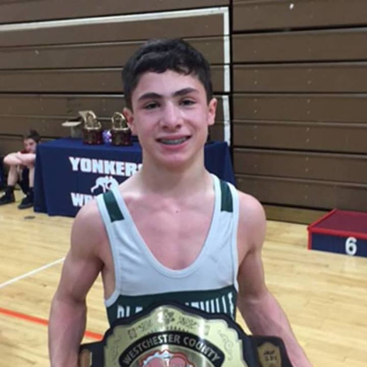 Pleasantville 8th grader Len Balducci won the top prize in the 99 lb. weight class at the second annual Westchester County Wrestling Championship.