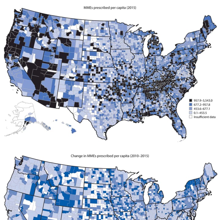 Morphine milligram equivalents (MMEs) of opioids prescribed per capita in 2015 and change in MMEs per capita during 2010–2015, by county — United States, 2010–2015.