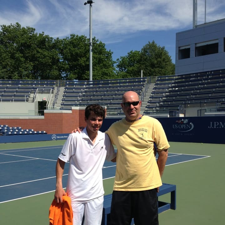 Dobbs Ferry High School&#x27;s Shawn Hadavi and his tennis coach Eric Bartell following Hadavi&#x27;s victory to win the state singles title.