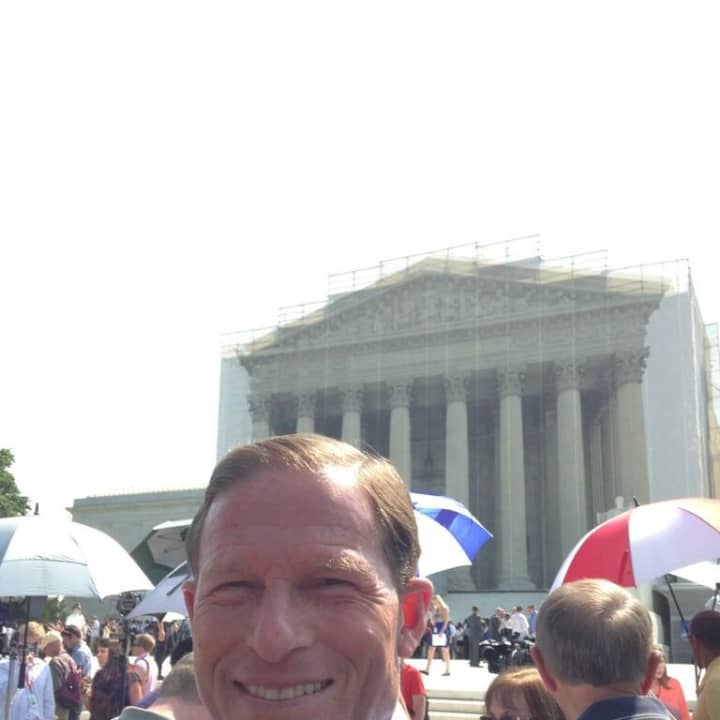 Sen. Richard Blumenthal (D-Conn.), who served as the state&#x27;s attorney general when gay marriage was legalized, tweeted from the crowd outside the Supreme Court building Wednesday.