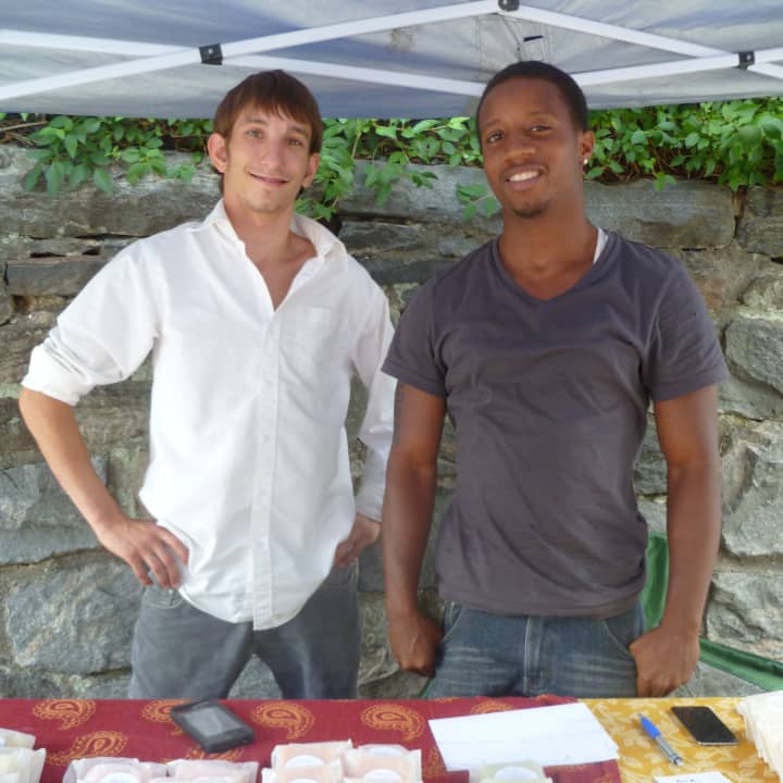 Jordan DeJong, left, the founder and president of &quot;Hope Soaps&quot;, and his friend Sean Jones at the Dobbs Ferry Farmers Market.