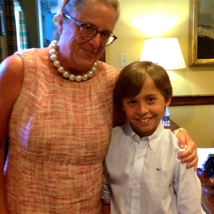 Bronxville Mayor Mary Marvin, left, visits with &quot;Mayor for a Day&quot; Michael Burstein, 11.