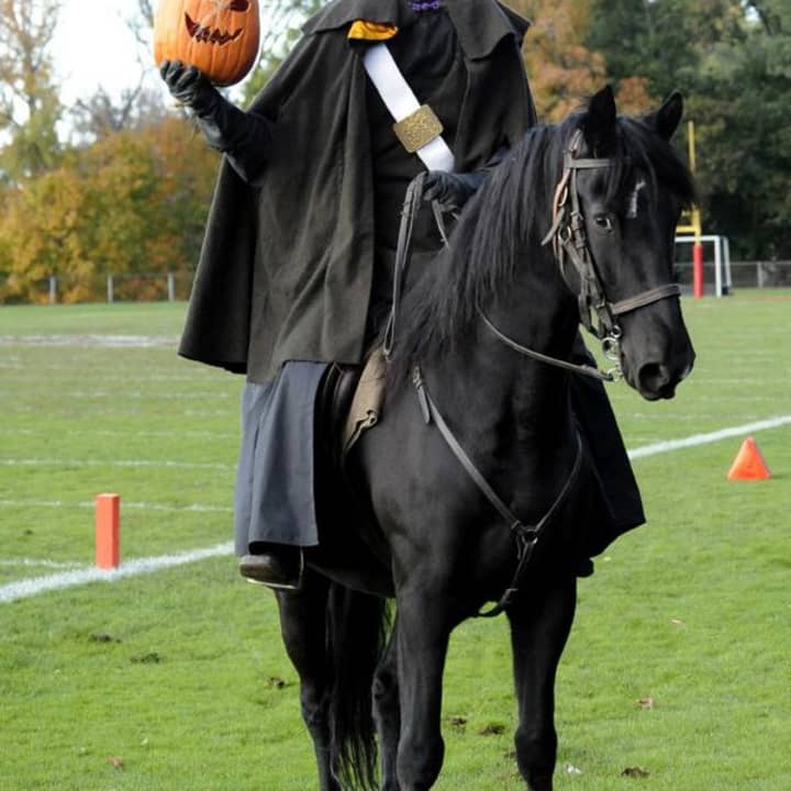 The Horseman mascot riding onto the field, with pumpkin in full view, is a tradition at Sleepy Hollow.
