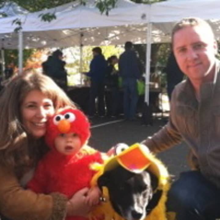 Connor Ryan, 1, second from left, poses in his Elmo costume with his parents and his dog, Coye.