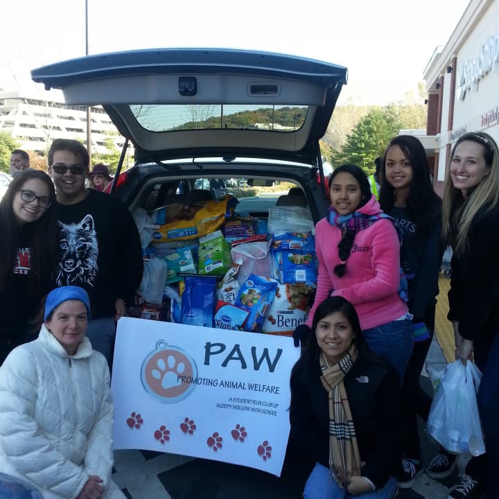 Members of the Sleepy Hollow High School Promoting Animal Welfare club collect donations for Pets Alive Westchester at a recent event.