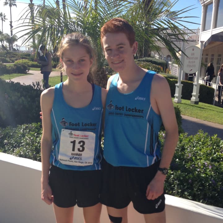 Darien&#x27;s Alex Ostberg, right, and Staples&#x27; Hannah DeBalsi get ready for the Foot Locker cross country championships in San Diego.