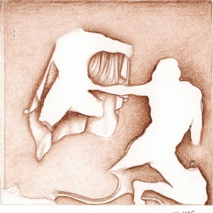 &quot;Hermes attacks a collapsing giant,&quot; 8 9/16 x 10 15/16 inches, brown pastel on paper, K.A. Schwab, 2005