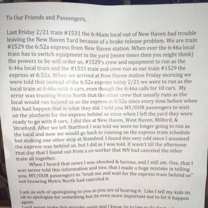 Metro-North conductor Michael Shaw left a typed apology letter on every seat of his train Monday morning.