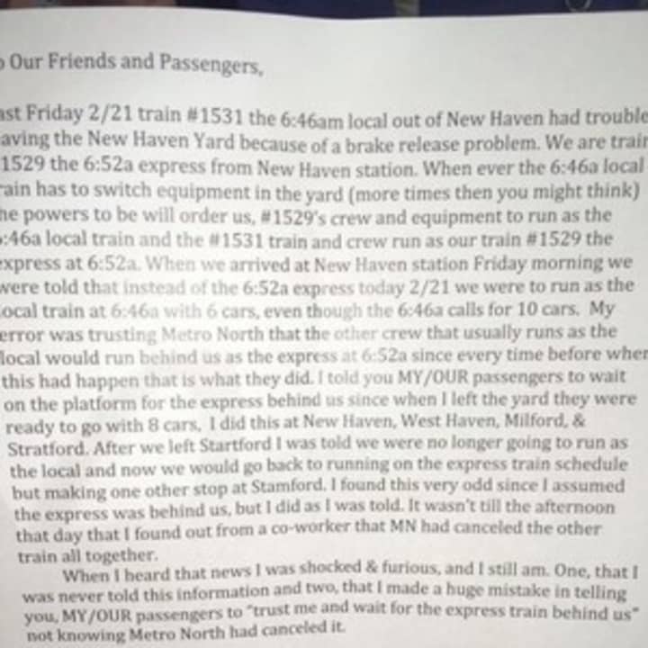 Metro-North conductor Michael Shaw left a typed apology letter on every seat of his train Monday morning.