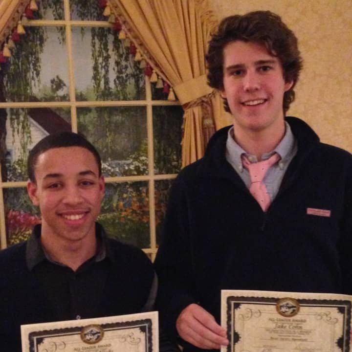 The Harvey School&#x27;s Ricky Hicks, left, of Yonkers, and Jake Cohn of Pound Ridge earned Hudson Valley Athletic League honors in boys basketball.