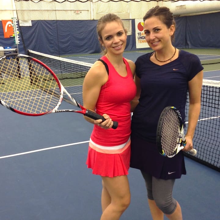 Poly Ragno of Pelham (left) and Arianne Udell of Hastings-on-Hudson  (right) began lessons recently and are now self-described tennis addicts.