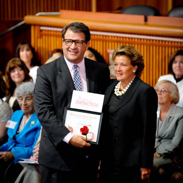 Former Bedford Supervisor Lee Roberts, right, was recently named the 2014 New York State Senate Woman of Distinction. State Sen. George Latimer, left, selected Roberts. 
